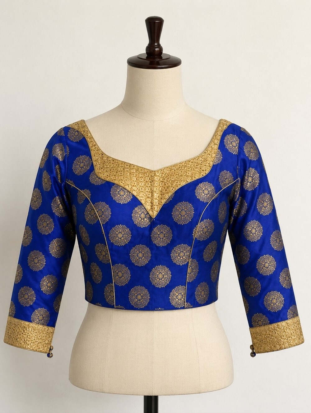 Ready To Wear Royal Blue Dupion Silk Readymade Saree Blouse with Long Sleeves - Picture 1 of 7